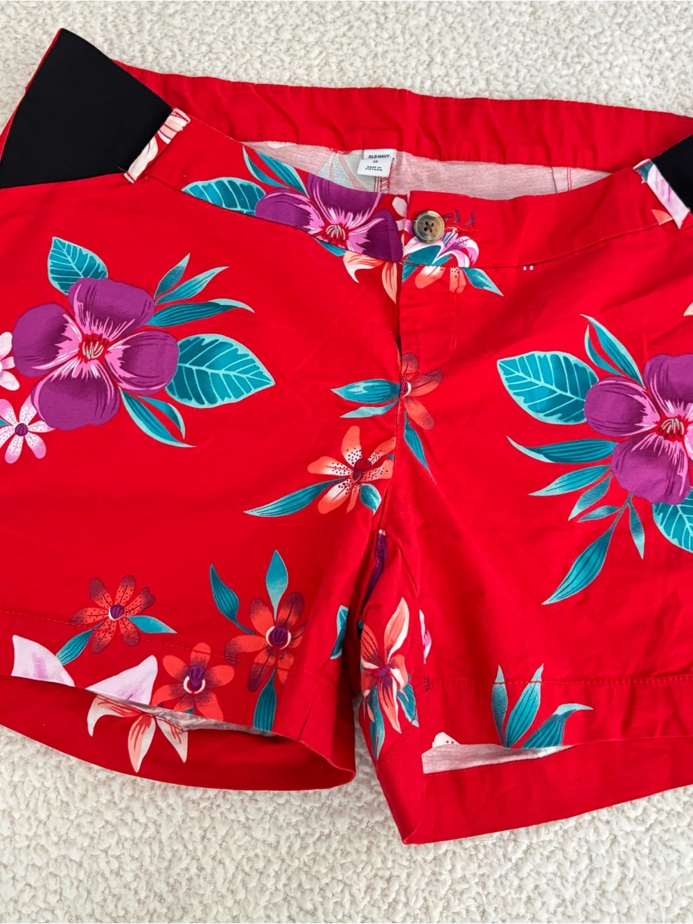 Old Navy Red Floral Bermuda Shorts with Purple & Teal Accents